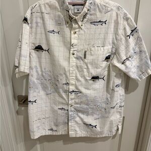 Men's White Short-Sleeve Button-Up Shirt with Fish Print Columbia Large